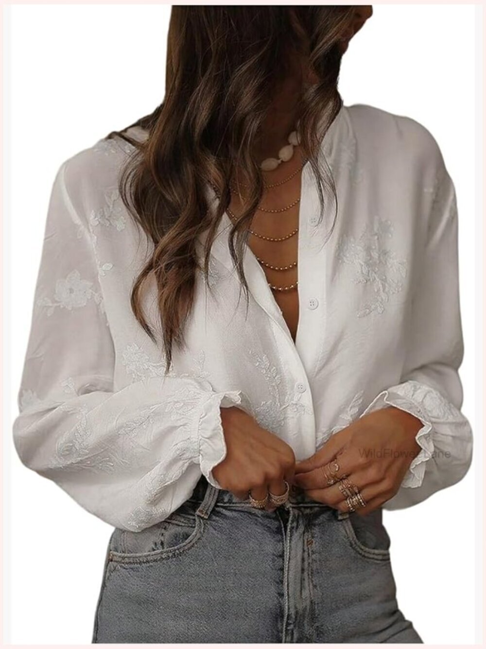 Women's Boho Peasant Top Floral Embroidered Sheer Bishop Long Sleeve Blouse